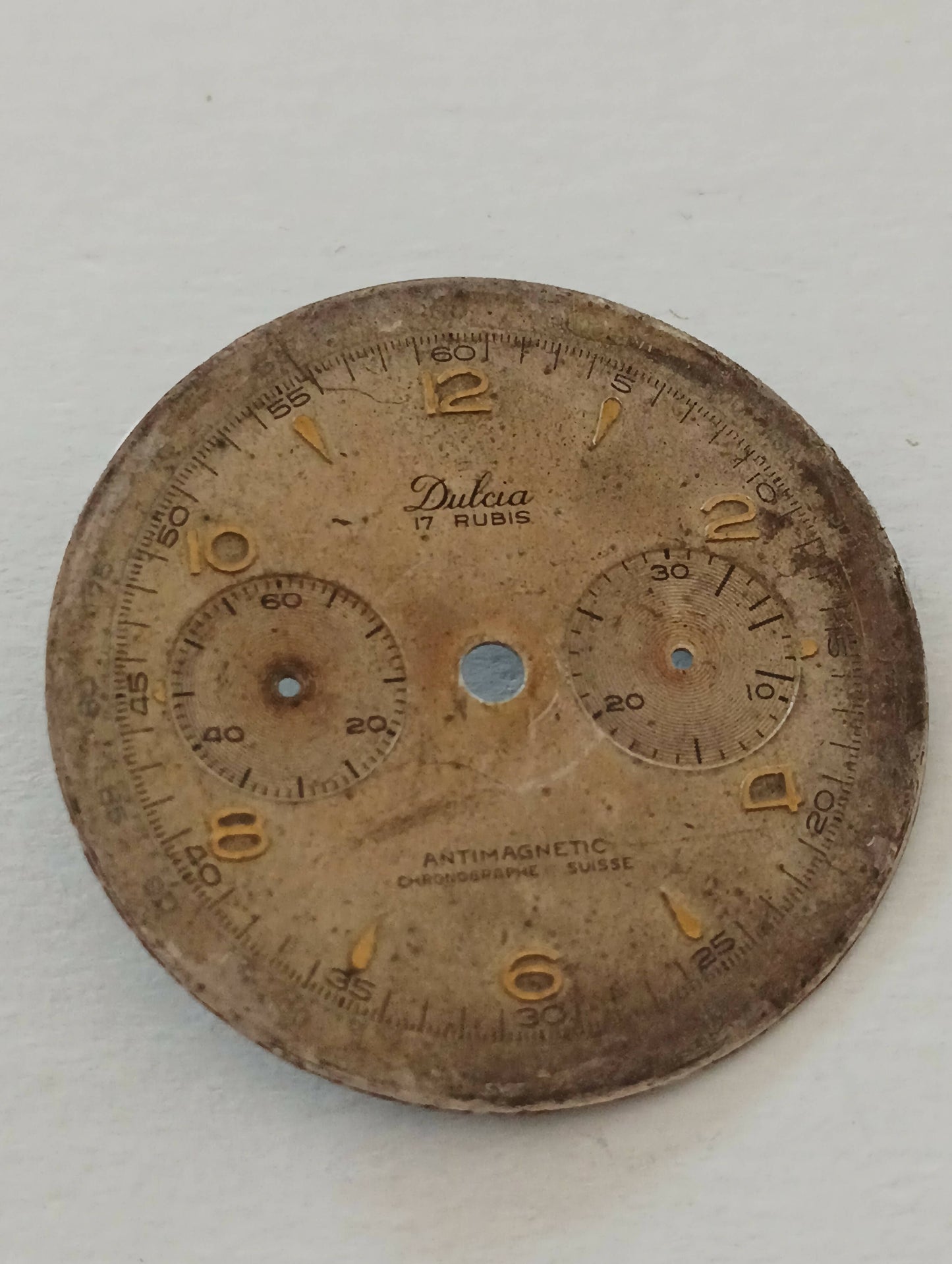 Quadrante Vintage Dulcia diametro 34,50 mm. Piedini a ore 13,30 e 19,30