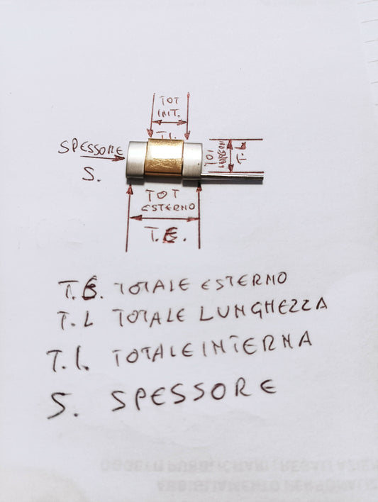 Maglia aggiuntiva per bracciale color acciaio e oro delle dimensioni di 17,95 m.m. larghezza totale esterna , larghezza interna 8,82 m.m. spessore 3 m.m. lunghezza segmento 10,06.